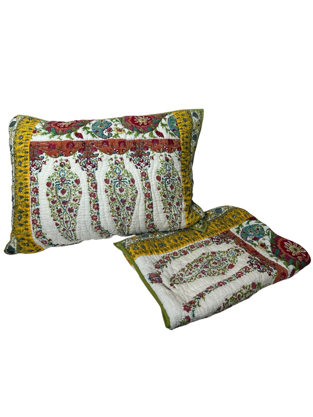 Pottery Barn Vintage Cotton Quilted Cream Floral Garden Boho Set 2 Pillow Shams